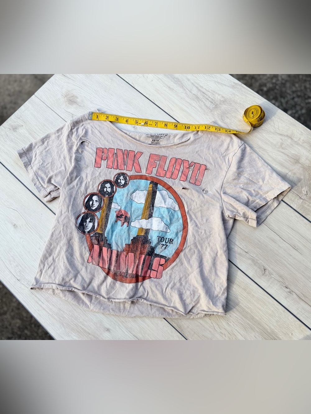 Pink Floyd Distressed Graphic Band Tee XS Cropped Wide Neck One Shoulder NWOT - Picture 5 of 10